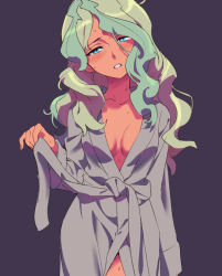 Rule 34 | 10s, 1girl, bathrobe, blonde hair, blue eyes, blush, bokujoukun, breasts, breasts apart, diana cavendish, female focus, green hair, head tilt, little witch academia, long hair, medium breasts, multicolored hair, naked robe, parted lips, purple background, robe, simple background, solo, wet