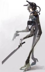 Rule 34 | 1girl, absurdres, blue eyes, blush, blush stickers, bodysuit, breasts, cyborg, holding with feet, full body, gun, handgun, highres, holding, holding gun, holding sword, holding weapon, hose, load bearing equipment, looking at viewer, m1911, mechanical arms, mechanical legs, oota youjo, original, parted lips, pistol, prehensile feet, prosthesis, prosthetic arm, prosthetic leg, robot ears, short hair, silver hair, simple background, small breasts, solo, sword, teeth, trigger discipline, weapon, what, white background