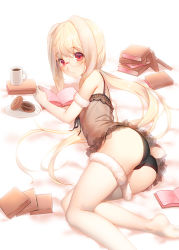 Rule 34 | 1girl, animal ears, ass, bare shoulders, black panties, blonde hair, book, book stack, coffee mug, cup, doughnut, elbow gloves, food, glasses, gloves, izumi sai, lingerie, long hair, looking at viewer, looking back, lying, mug, negligee, no bra, on side, open book, original, panties, plate, ponytail, rabbit ears, rabbit tail, reading, red eyes, see-through, solo, tail, thighhighs, underwear, very long hair, white gloves, white thighhighs