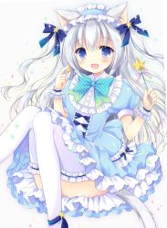 Rule 34 | 1girl, :d, animal ears, ankle lace-up, bad id, bad pixiv id, blue bow, blue dress, blue footwear, blush, bow, bowtie, bridal garter, cat ears, cat girl, cat tail, collar, commentary request, cross-laced footwear, diagonal stripes, dress, fingernails, frilled collar, frilled hairband, frills, green bow, green bowtie, grey hair, hair between eyes, hair bow, hair ornament, hairband, hasekura chiaki, holding, holding wand, long hair, looking at viewer, open mouth, original, puffy short sleeves, puffy sleeves, purple eyes, shoes, short sleeves, smile, solo, sparkle, star (symbol), star hair ornament, striped, tail, thighhighs, two side up, very long hair, wand, white collar, white thighhighs, wrist cuffs
