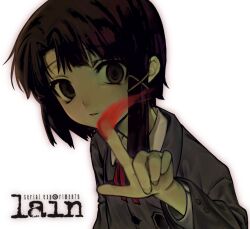 Rule 34 | 1girl, black jacket, brown eyes, brown hair, copyright name, english text, expressionless, iwakura lain, jacket, looking at viewer, pointing, pointing at viewer, school uniform, serial experiments lain, shirt, simple background, solo, uee m, white background, white shirt