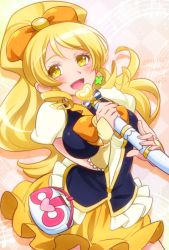Rule 34 | 0417nao, 10s, 1girl, 2014, beamed quavers, blonde hair, blush, bow, breasts, cure honey, dated, earrings, hair ornament, happinesscharge precure!, jewelry, large breasts, long hair, magical girl, musical note, oomori yuuko, open mouth, ponytail, precure, puffy short sleeves, puffy sleeves, ribbon, short sleeves, signature, skirt, smile, solo, staff (music), wavy hair, wrist cuffs, yellow eyes