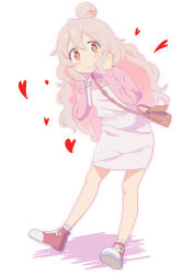Rule 34 | 1girl, absurdres, ahoge, bag, bare legs, brown eyes, colored inner hair, dot nose, full body, genderswap, genderswap (mtf), grey hair, hair between eyes, hands in own hair, heart, highres, leaning forward, light blush, long hair, long sleeves, looking at viewer, multicolored hair, onii-chan wa oshimai!, overall skirt, oyama mahiro, pink hair, pink shirt, red footwear, shiina excel, shirt, shoes, shoulder bag, simple background, skirt, smile, solo, two-tone hair, wavy hair, white background, white skirt