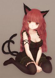 Rule 34 | 1girl, adapted costume, alternate hairstyle, animal ears, arm ribbon, bebitera, between legs, black thighhighs, blunt bangs, breasts, bridal garter, cat ears, cat tail, cleavage, collarbone, dress, expressionless, extra ears, full body, green dress, grey background, hair down, hand between legs, head tilt, highres, kaenbyou rin, long hair, looking at viewer, medium breasts, multiple tails, no shoes, red eyes, red hair, ribbon, ribbon-trimmed dress, ribbon trim, simple background, sitting, sleeveless, sleeveless dress, solo, tail, thighhighs, touhou, two tails, v arms, wariza, wavy hair, zettai ryouiki
