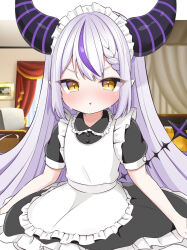 Rule 34 | 1girl, :t, ahoge, alternate costume, apron, black dress, black horns, braid, braided bangs, circle skirt, commentary request, crying, crying with eyes open, demon girl, demon horns, dress, enmaided, grey hair, highres, hololive, horns, la+ darknesss, long hair, maid, maid apron, maid headdress, mochiko (yawamochi851), multicolored hair, pointy ears, pout, puffy short sleeves, puffy sleeves, purple hair, purple horns, short sleeves, slit pupils, solo, streaked hair, striped horns, tail, tears, very long hair, virtual youtuber, waitress, white apron, yellow eyes