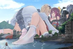 Rule 34 | 2girls, boots, bow, brown footwear, commission, cross-laced footwear, full body, giant, giantess, hair bow, hakama, hakama skirt, highres, japanese clothes, kamikaze (kancolle), kantai collection, kimono, lace-up boots, long hair, looking at viewer, machinery, meiji schoolgirl uniform, multiple girls, natsukaze shigure, open mouth, pink hakama, purple eyes, purple hair, red kimono, round teeth, skirt, smokestack, socks, solo, striped clothes, striped socks, sword, tabi, teeth, upper teeth only, weapon, white legwear, yellow bow