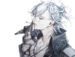 Rule 34 | 1boy, bandaged hand, bandages, bespectacled, cigarette, closed eyes, coat, edmond dantes (fate), fate/grand order, fate (series), glasses, highres, holding, koshika rina, long hair, male focus, open mouth, smoking, solo, wavy hair, white hair