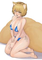 Rule 34 | 1girl, absurdres, animal ears, bare arms, bare legs, bare shoulders, barefoot, bikini, blonde hair, blue bikini, blush, breasts, chanta (ayatakaoisii), cleavage, fox ears, fox tail, highres, large breasts, multiple tails, navel, open mouth, short hair, simple background, slit pupils, solo, swimsuit, tail, touhou, white background, yakumo ran, yellow eyes