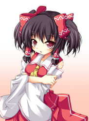 Rule 34 | 1girl, alternate hairstyle, ascot, bad id, bad nicoseiga id, bare shoulders, black hair, blush, detached sleeves, female focus, gradient background, hair ribbon, hair tubes, hakurei reimu, highres, holding own arm, japanese clothes, looking at viewer, miko, open mouth, patterned, red eyes, ribbon, self hug, shefu, shirt, short hair, simple background, skirt, skirt set, sleeveless, sleeveless shirt, solo, standing, touhou, twintails, wide sleeves