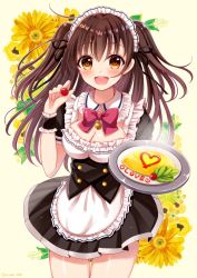 Rule 34 | 1girl, :d, apron, black dress, black ribbon, blush, breasts, brown eyes, brown hair, cherry tomato, cleavage, commentary request, dress, flower, food, frilled apron, frills, hair ribbon, heart, holding, holding food, large breasts, long hair, looking at viewer, maid, maid headdress, mole, mole on breast, omelet, omurice, open mouth, original, pleated dress, puffy short sleeves, puffy sleeves, ribbon, sakura hiyori, short sleeves, smile, solo, teeth, tomato, two side up, upper teeth only, very long hair, white apron, yellow flower