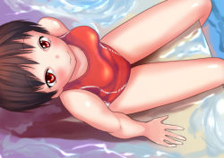 Rule 34 | 1girl, brown hair, bun (c56160), competition swimsuit, looking up, one-piece swimsuit, original, red eyes, red one-piece swimsuit, short hair, sitting, smile, solo, swimsuit, water