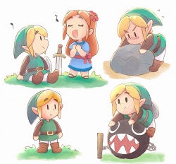 Rule 34 | 1boy, 1girl, anniversary, belt, blonde hair, blue dress, boots, brown footwear, chain chomp, chibi, closed mouth, dress, feathers, flower, green headwear, green robe, green tunic, hair flower, hair ornament, highres, link, looking at another, male focus, marin (zelda), multiple views, music, nintendo, open mouth, orange hair, pointy ears, robe, rock, sidelocks, singing, sitting, sword, the legend of zelda, the legend of zelda: link&#039;s awakening, tsubobot, weapon, white background