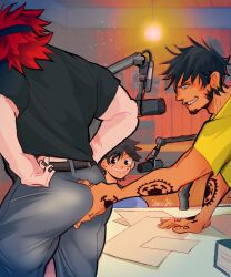 Rule 34 | 3boys, adam22&#039;s ass grab (meme), ass grab, bara, black hair, earrings, eustass kid, facial hair, feet out of frame, from side, goatee, grabbing another&#039;s ass, groping, hand tattoo, highres, jewelry, long sideburns, male focus, meme, monkey d. luffy, multiple boys, muscular, muscular male, one piece, profile, short hair, sideburns, spiked hair, standing, tattoo, thick eyebrows, thick thighs, thighs, toxic jpg, trafalgar law, yaoi