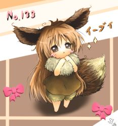 Rule 34 | 1girl, :&lt;, animal ears, brown eyes, brown hair, costume, creatures (company), eevee, game freak, gen 1 pokemon, ito nezumi, long hair, mouse thread, nintendo, personification, pokedex number, pokemon, solo, tail