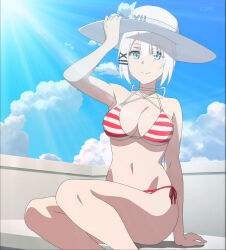 Rule 34 | 1girl, bikini, blue eyes, breasts, closed mouth, hair ornament, hat, highres, holding, large breasts, looking at viewer, short hair, siesta (tantei wa mou shindeiru), simple background, smile, solo, swimsuit, tantei wa mou shindeiru, thighs, white hair
