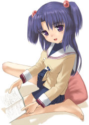 Rule 34 | 00s, 1girl, barefoot, book, clannad, hair bobbles, hair ornament, ichinose kotomi, mocha, pillow, purple eyes, purple hair, school uniform, serafuku, short twintails, sitting, solo, twintails, two side up