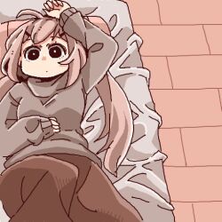 Rule 34 | 1girl, antenna hair, arm up, blanket, brown skirt, dot mouth, from above, grey sweater, long hair, long skirt, looking at viewer, lowres, lying, oekaki, on back, on beg, original, pillow, pink hair, rottedchun, skirt, solo, sweater, tile floor, tiles