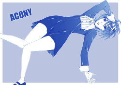 Rule 34 | 1girl, acony, acony lanchester, blue theme, hanzaki jirou, lying, monochrome, short hair, solo