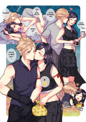 Rule 34 | 1boy, 1girl, apron, arm ribbon, babigonice, bare shoulders, bed sheet, black apron, black gloves, black hair, black shorts, black vest, blonde hair, blue eyes, blush, blush stickers, breasts, closed eyes, closed mouth, cloud strife, coffee mug, commentary, couple, cowboy shot, crop top, cropped torso, cuddling, cup, earrings, english commentary, english text, final fantasy, final fantasy vii, final fantasy vii advent children, flying sweatdrops, gloves, grey shirt, hand on another&#039;s hip, heart, hetero, high collar, high ponytail, highres, holding, holding cup, holding phone, jewelry, kiss, kissing cheek, large breasts, long hair, looking at phone, lunchbox, lying, midriff, morning, mug, multiple views, navel, on side, one eye closed, open mouth, phone, pillow, ponytail, red eyes, red ribbon, ribbed shirt, ribbon, shirt, short sleeves, shorts, single earring, sleeping, sleeveless, sleeveless shirt, speech bubble, spiked hair, swept bangs, tank top, teardrop earring, tifa lockhart, vest, waist apron, white tank top, zipper, zzz
