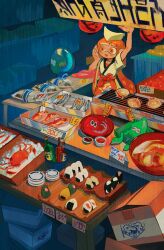 Rule 34 | 1girl, arm up, bigskycastle, bottle, box, calling, cannibalism, cardboard box, character request, crab, fish, food, food stand, highres, ice, inkling, inkling girl, inkling player character, japanese clothes, jellyfish (splatoon), lantern, nintendo, octopus, open mouth, orange eyes, paper lantern, price tag, red hair, seafood, seashell, shell, short sleeves, smile, splatoon (series), squid, sushi