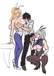 Rule 34 | 1boy, 2girls, animal ears, areola slip, arm around waist, artoria pendragon (all), artoria pendragon (fate), artoria pendragon (lancer) (fate), artoria pendragon (lancer alter) (fate), artoria pendragon (swimsuit ruler) (fate), bad id, bad pixiv id, bar censor, bare shoulders, belt, black footwear, black hair, black neckwear, blonde hair, blue pantyhose, blush, grabbing another&#039;s breast, breast sucking, breasts, breasts out, censored, cleavage, closed eyes, collared shirt, commentary request, crown, dress shirt, erection, fake animal ears, fate/grand order, fate (series), flat color, fujimaru ritsuka (male), grabbing, hair between eyes, handjob, high heels, high ponytail, holding another&#039;s head, large breasts, leotard, long hair, multiple girls, nipples, open mouth, pantyhose, penis, playboy bunny, ponytail, rabbit ears, shirt, silver hair, simple background, sleeves rolled up, squatting, standing, table, testicles, tongue, tongue out, tsuki no i-min, underboob, unzipped, white background, white footwear, white leotard, wrist cuffs, yellow eyes