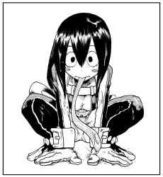 Rule 34 | 10s, 1girl, asui tsuyu, blush stickers, bodysuit, boku no hero academia, breasts, frog girl, gloves, greyscale, kotoyama, leaning forward, long hair, long tongue, looking at viewer, monochrome, open mouth, solo, tongue, tongue out