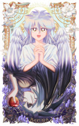 Rule 34 | 2boys, :d, apple, bakura ryou, character name, commentary request, feathered wings, flower, food, fruit, grey hair, hair between eyes, highres, holding, holding food, holding fruit, interlocked fingers, koma yoichi, male focus, multiple boys, open mouth, own hands together, smile, teeth, tongue, white flower, wings, yami bakura, yu-gi-oh!, yu-gi-oh! duel monsters