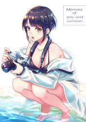 Rule 34 | 1girl, :o, bare legs, barefoot, bikini, black bikini, black hair, breasts, brown eyes, camera, cleavage, coat, collarbone, english text, hands up, highres, holding, holding camera, looking at viewer, medium breasts, ocean, open clothes, open coat, open mouth, original, short hair, sidelocks, solo, squatting, strap, suzaku (zaku6584), swimsuit, thighs, tiptoes