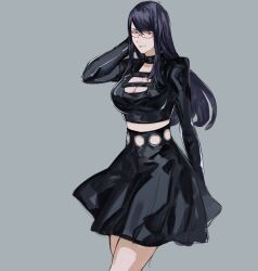 Rule 34 | 1girl, alternate costume, arm up, black shirt, black skirt, breasts, cleavage, closed mouth, cowboy shot, glasses, grey background, highres, kamishiro rize, large breasts, long hair, long sleeves, red eyes, shirt, skirt, solo, tokyo ghoul, yourfreakyneighbourh