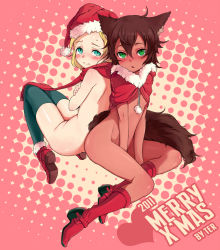 Rule 34 | 10s, 2011, 2girls, 3:, animal ears, aqua eyes, between legs, black hair, blonde hair, blush, boots, bottomless, breasts, brown hair, cape, capelet, christmas, covering privates, dark-skinned female, dark skin, english text, flat chest, fox ears, fox tail, frown, green eyes, green legwear, hand between legs, hat, knee boots, merry christmas, multiple girls, naked cape, naked scarf, navel, open mouth, original, santa hat, scarf, shoes, short hair, small breasts, tail, ter (otokoter), thighhighs, topless