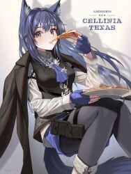 Rule 34 | 1girl, animal ears, arknights, ascot, black hair, black pantyhose, black vest, blue ascot, blue gloves, blue shorts, brown eyes, character name, copyright name, eating, fingerless gloves, food, gloves, highres, holding, holding food, holding pizza, holding plate, long hair, long sleeves, looking at viewer, pantyhose, pizza, pizza slice, plate, pouch, shirt, shorts, solo, tail, tanagawa makoto, texas (arknights), texas the omertosa (arknights), thigh pouch, vest, white shirt, wolf ears, wolf girl, wolf tail