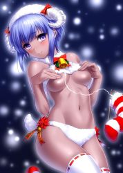 Rule 34 | 1girl, bare shoulders, blush, breasts, christmas stocking, commentary, dark-skinned female, dark skin, fate/grand order, fate/prototype, fate/prototype: fragments of blue and silver, fate (series), hassan of serenity (fate), hassan of serenity (merry sheep) (fate), hat, horns, knitting needle, looking at viewer, medium breasts, midriff, navel, needle, purple eyes, purple hair, santa hat, short hair, smile, solo, string, thighhighs, thighs, underboob, zen