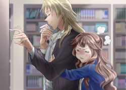 Rule 34 | 1boy, 1girl, blonde hair, blush, book, bookshelf, brown hair, chiron (fate), closed eyes, fate/apocrypha, fate (series), fiore forvedge yggdmillennia, holding, holding book, holding hands, hug, hug from behind, library, long hair, necktie, smile, toby (k.t)