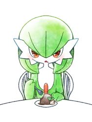 Rule 34 | 1girl, bad id, bad pixiv id, blush, bob cut, cake, chair, colored skin, creatures (company), dessert, female focus, flat chest, food, food on face, fork, game freak, gardevoir, gen 3 pokemon, green hair, green skin, hair between eyes, hands up, holding, holding fork, lava cake, looking at viewer, mint, muguet, multicolored skin, nintendo, open mouth, plate, pokemon, pokemon (creature), red eyes, short hair, simple background, sitting, solo, sparkle, straight-on, table, two-tone skin, upper body, whipped cream, white background, white skin