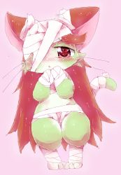Rule 34 | 1girl, artist request, bandaged head, bandages, cat, cat busters, female focus, full body, furry, furry female, long hair, mira (cat busters), mummy, red eyes, red hair, solo, standing