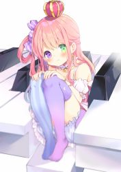 Rule 34 | 1girl, asymmetrical legwear, bloomers, blurry, candy hair ornament, crescent, crescent earrings, crown, detached collar, earrings, food-themed hair ornament, green eyes, hair ornament, heterochromia, highres, himemori luna, himemori luna (1st costume), hololive, jewelry, kosuzume, mini crown, mismatched legwear, no shoes, one side up, piano keys, pink hair, purple eyes, sitting, smile, solo, striped clothes, striped thighhighs, thighhighs, underwear, vertical-striped clothes, vertical-striped thighhighs, virtual youtuber