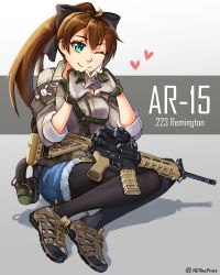 Rule 34 | 1girl, ;), ahoge, ar-15, assault rifle, black pantyhose, brown hair, cutoffs, denim, denim shorts, ear protection, full body, gloves, green eyes, gun, gun sling, hair ornament, hairclip, heart, heart hands, highres, long hair, looking at viewer, magazine (weapon), military operator, ndtwofives, one eye closed, original, pantyhose, partially fingerless gloves, ponytail, rifle, scope, shoes, shorts, sitting, sleeves rolled up, smile, sneakers, solo, wariza, weapon