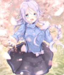 Rule 34 | 1girl, bad id, bad pixiv id, black skirt, blue eyes, blue hair, blush, bow, braid, breasts, flower, highres, kantai collection, light blue hair, long hair, long sleeves, looking at viewer, open mouth, outdoors, outstretched arm, petals, ribbed sweater, sa-ya2, single braid, skirt, smile, solo, suspender skirt, suspenders, sweater, umikaze (kancolle), very long hair