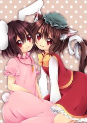 Rule 34 | 2girls, animal ears, arm support, blush, bow, brown hair, carrot, cat ears, cat tail, cheek-to-cheek, chen, dress, earrings, frills, hat, heads together, inaba tewi, jewelry, kneeling, looking at viewer, lying, mitoki 6x6, multiple girls, multiple tails, nekomata, on side, pink dress, polka dot, polka dot background, rabbit ears, rabbit tail, red eyes, short hair, skirt, smile, tail, touhou, two tails