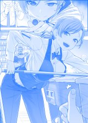 Rule 34 | 2girls, 3boys, :d, bar (place), bartender, blue theme, bow, bowtie, breast rest, breasts, closed mouth, collared shirt, comic, commentary request, cue stick, facial hair, getsuyoubi no tawawa, glasses, hair ornament, hairclip, hand on own chin, himura kiseki, indoors, large breasts, long sleeves, looking at viewer, low ponytail, monochrome, multiple boys, multiple girls, mustache, necktie, open mouth, pool table, pov, shirt, silent comic, smile, sweatdrop, swept bangs, table, thumbs up, tie clip, vest