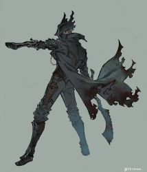 Rule 34 | 1boy, armor, black coat, black gloves, black hat, blood, blood stain, bloodborne, blue eyes, coat, dual wielding, gloves, greaves, grey background, gun, hat, highres, holding, holding gun, holding weapon, holster, hunter (bloodborne), male focus, mask, mouth mask, oimo (14sainobba), pointing weapon, saw, saw cleaver, signature, simple background, solo, stain, torn clothes, twitter username, vambraces, weapon, white hair