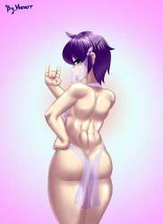 Rule 34 | 1boy, absurdres, androgynous, artist name, ass, ass focus, blue eyes, fellatio gesture, gradient background, hand on own hip, highres, huge ass, looking at viewer, looking back, luka (mon-musu quest!), manarr (j4yig8), mon-musu quest!, mouth veil, open mouth, oral invitation, pelvic curtain, purple hair, revealing clothes, shiny skin, short hair, solo, standing, thighhighs, tongue, tongue out, transparent, trap, veil, wide hips, yaoi