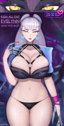 Rule 34 | breasts, bursting breasts, claws, cleavage, comic, curvy, demon, demon girl, evelynn (league of legends), huge breasts, k/da (league of legends), k/da all out evelynn, k/da all out series, k/da evelynn, k/da series, large breasts, league of legends, leather, metal claws, riot games, talking, thick thighs, thighs, thong, zurikat