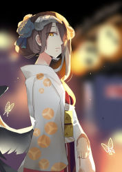 Rule 34 | 1girl, albedo (overlord), black wings, blue flower, blurry, blurry background, brown eyes, brown hair, bug, butterfly, closed mouth, commentary request, curled horns, demon horns, depth of field, flower, hair flower, hair ornament, hair over one eye, highres, horns, insect, japanese clothes, kimono, long hair, long sleeves, looking at viewer, looking to the side, low wings, mitu yang, obi, overlord (maruyama), sash, short kimono, solo, white kimono, wide sleeves, wings