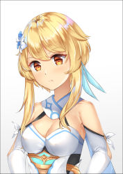 Rule 34 | 1girl, :t, bare shoulders, blonde hair, blue flower, blush, breasts, brown eyes, chahei, cleavage, closed mouth, commentary, detached sleeves, dress, flower, genshin impact, gradient background, grey background, hair between eyes, hair flower, hair ornament, highres, long sleeves, looking at viewer, lumine (genshin impact), medium breasts, pouch, sidelocks, solo, symbol-only commentary, upper body, white background, white dress, white flower, white sleeves