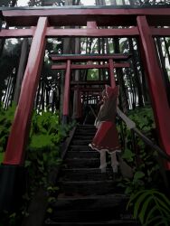 Rule 34 | 1girl, bare shoulders, bow, brown hair, detached sleeves, forest, frilled bow, frilled hair tubes, frills, from behind, grey sky, hair bow, hair tubes, hakurei reimu, hand on railing, highres, japanese clothes, ladder, li shay, long hair, miko, nature, red bow, sky, sleeveless, solo, solo focus, stairs, torii, touhou