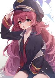 Rule 34 | 1girl, armband, black hat, black shirt, black skirt, blue archive, blue halo, blush, breasts, collarbone, grey eyes, halo, hat, highres, iroha (blue archive), long hair, long sleeves, necktie, open mouth, peaked cap, pleated skirt, red hair, red necktie, ripu (sherypton), safety pin, shirt, simple background, skirt, small breasts, solo, white background