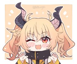 Rule 34 | blonde hair, blush, horns, kagase uno, kukie-nyan, one eye closed, open mouth, solo, twintails, versen, virtual youtuber, yellow eyes
