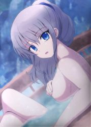 Rule 34 | 1girl, blue eyes, blurry, blurry background, breasts, charlotte (anime), cloud, cloudy sky, covering one breast, covering privates, crossed legs, dutch angle, hair between eyes, highres, large breasts, lelie (lelie link), long hair, looking at viewer, nude, onsen, open mouth, outdoors, partially submerged, ponytail, sideboob, sky, solo, steam, tomori nao, white hair
