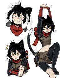 Rule 34 | 1girl, 1other, :3, ^ ^, animal ears, black hair, cat ears, cat girl, cat tail, closed eyes, dungeon meshi, fizzeru, highres, izutsumi, knee up, looking at viewer, midriff, multiple views, navel, red scarf, scarf, short hair, simple background, sitting, tail, upper body, white background, yellow eyes